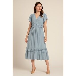 Böhme Ruffle Midi Dress Blue Short‎ Sleeve V-Neck Boho Feminine Size Medium